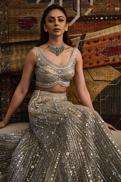 Beige sequin embroidered lehenga jacket set