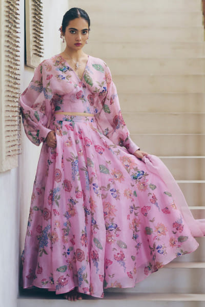 Pink floral printed lehenga set