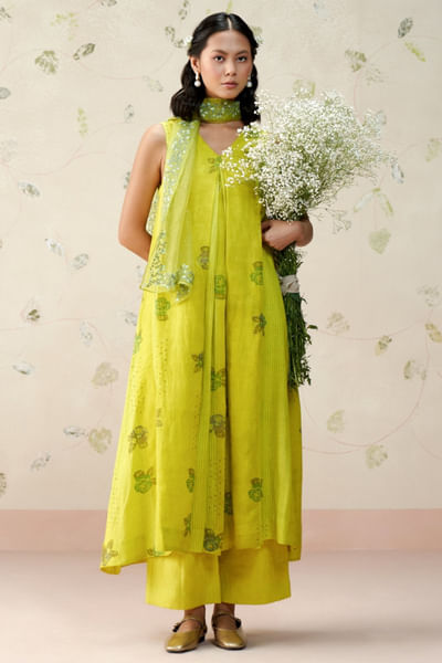 Neon green block print embroidered co-ord set
