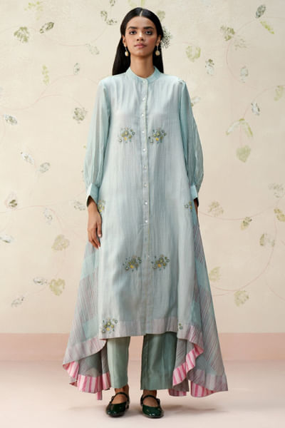 English blue block printed embroidered co-ord set