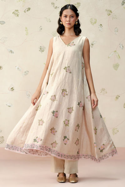 Beige block printed embroidered kurta set