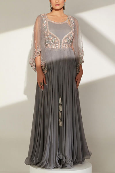 Metallic grey embroidered gown