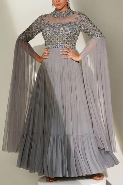 Grey cape sleeve gown