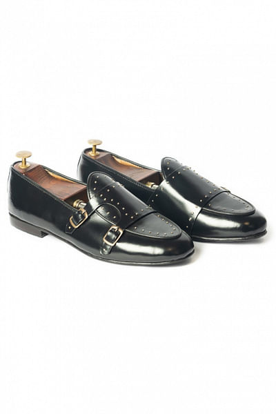 Black leather monk loafers