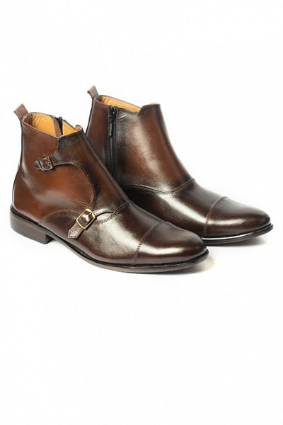 Brown leather monk boots