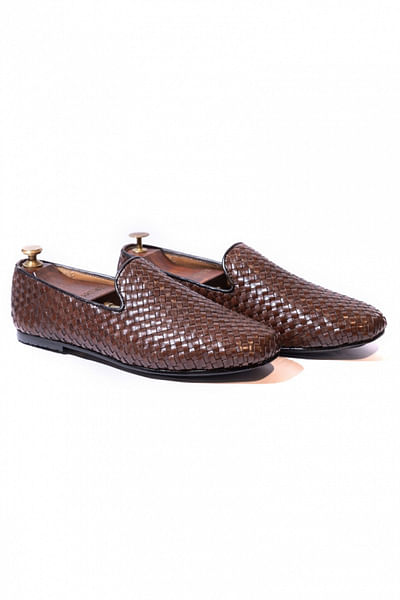 Brown woven leather loafers