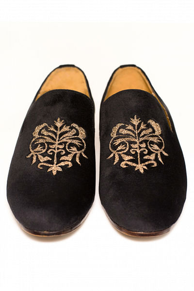 Black embroidered velvet loafers