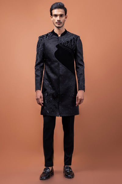 Black motif embroidered achkan set