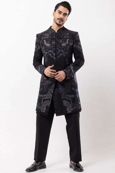 Black flamingo embroidery achkan set