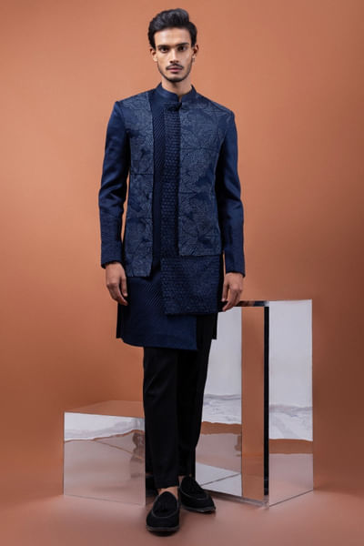 Navy blue embroidered achkan