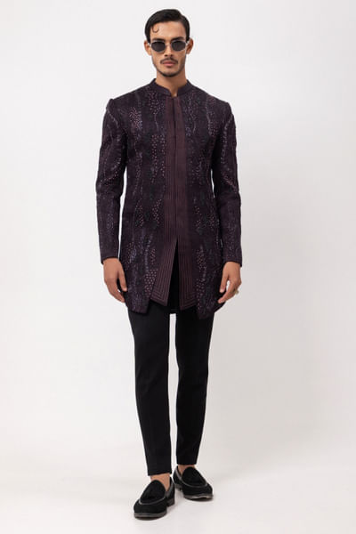 Plum pintuck embroidered achkan set
