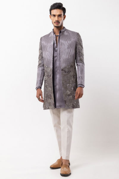 Grey embroidered linen satin achkan set