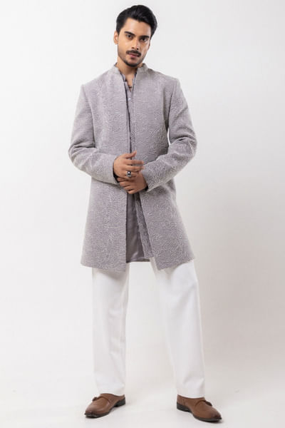 Ice grey edori embroidered achkan set