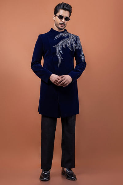 Amber blue embroidered velvet achkan set