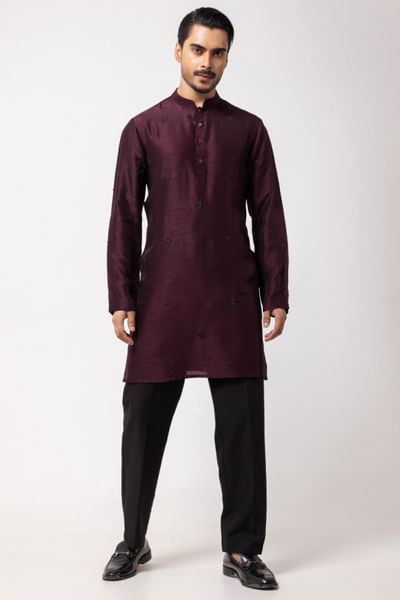 Wine embroidered kurta set