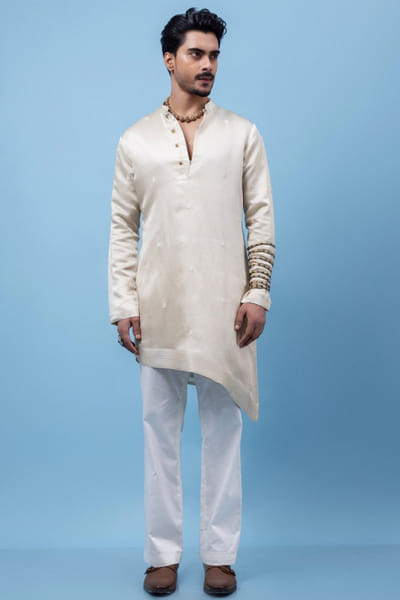 Silver grey embroidered linen satin kurta set