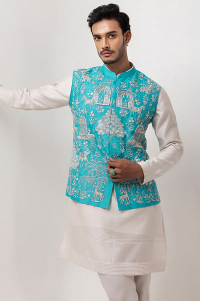 Neon blue and ice grey embroidered Nehru jacket set
