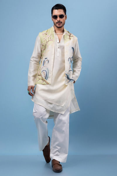 Mint green and ivory embroidered Nehru jacket set