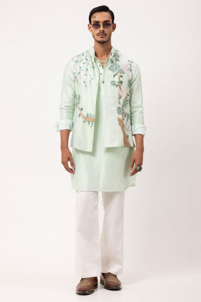 Menthol embroidered Nehru jacket set