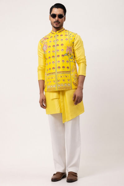 Rooshing yellow embroidered Nehru jacket set