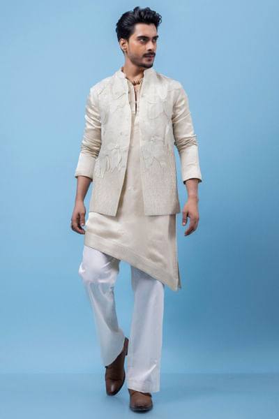 Ice grey embroidered Nehru jacket set