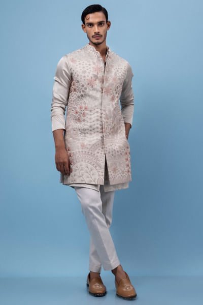 Beige embroidered Nehru jacket set