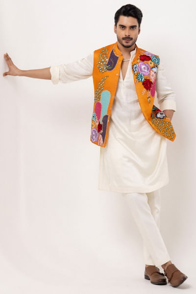 Orange and ivory embroidered Nehru jacket set