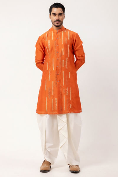 Rust kantha embroidered silk chanderi kurta set