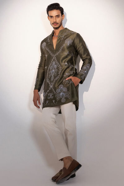 Olive floral embroidered kurta set