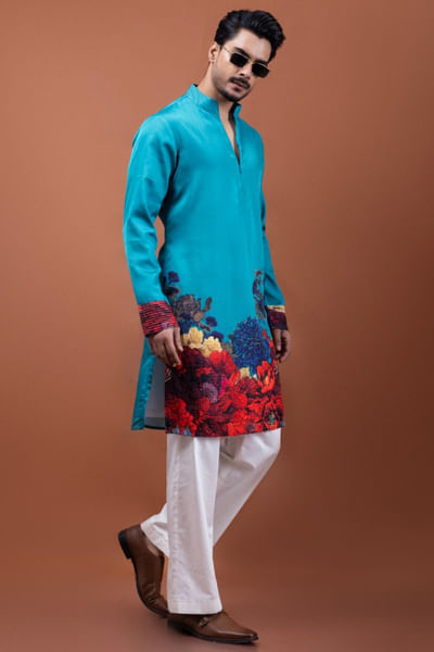 Teal french knot embroidered kurta set