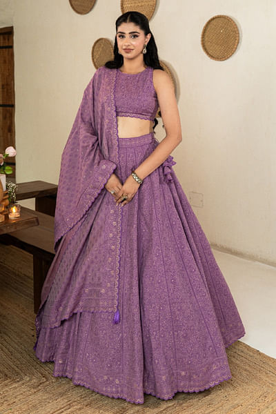 Violet floral woven lehenga set