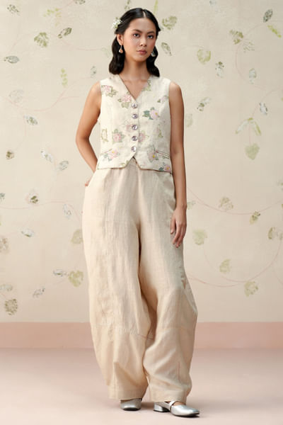 Beige embroidered barrel pants