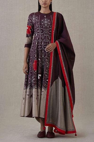 Burgundy anarkali and dhoti set