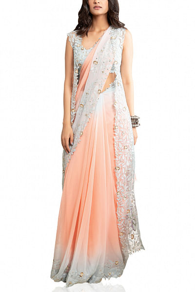 Peach embellished sari jacket set