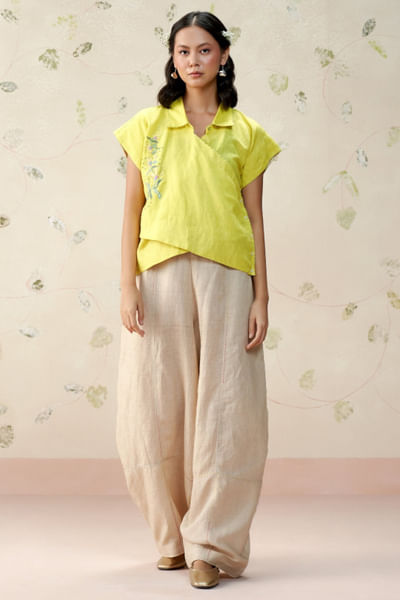 Neon green embroidered wrap top