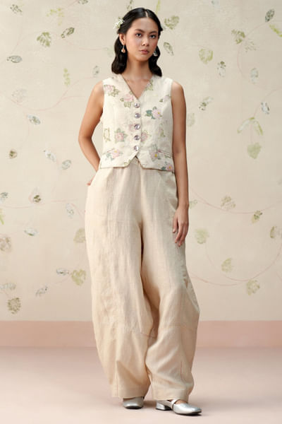 Beige block printed embroidered vest