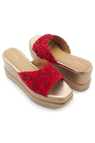 Red embroidered slip-on sandal