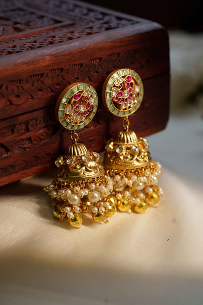 Multicolour stone and bead jadtar jhumkas