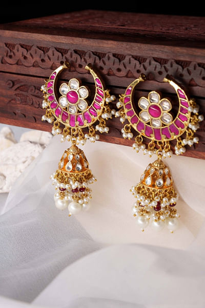 White and pink stone jadtar chandbali jhumkas