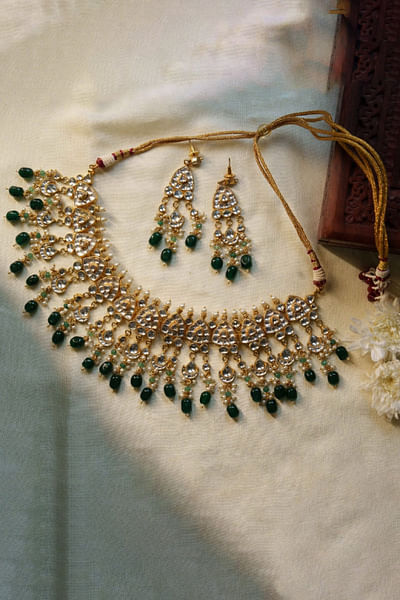 White stone green beaded jadtar necklace set