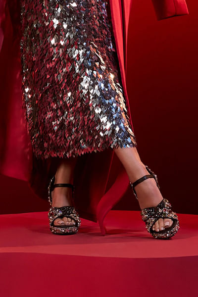 Black stone-pearl embellished platform heels