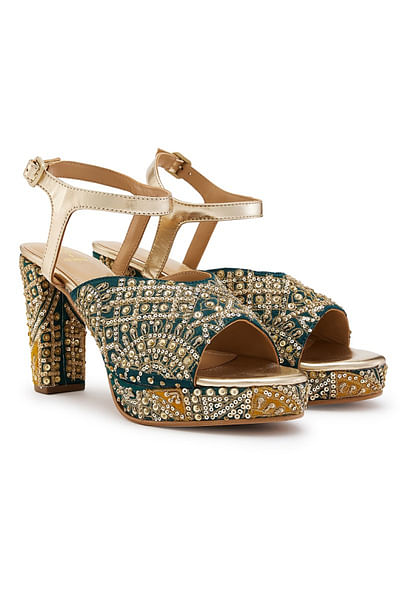 Emerald patchwork embroidered platform heels