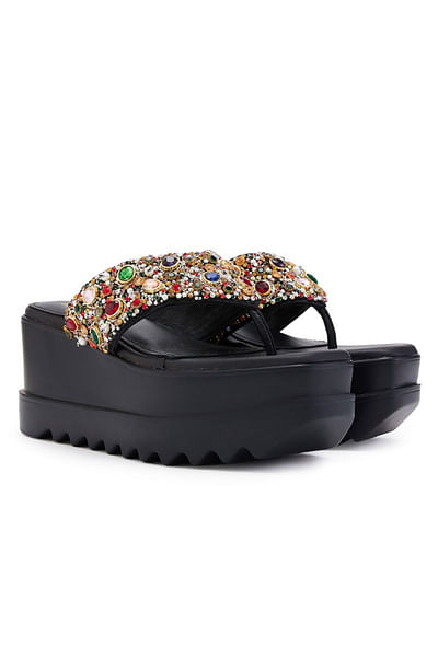 Black stone embellished slip-on wedge sandals