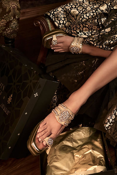 Gold jadau embellished slip-on wedge sandals