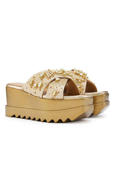 Gold jadau embroidered slip-on wedge sandals