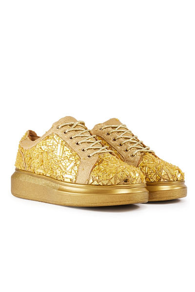 Gold mirror and cutdana embroidered sneakers