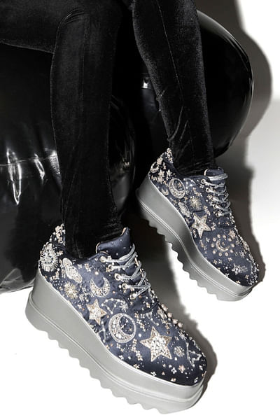 Navy blue celestial embellished wedge sneakers