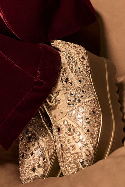Gold mirror-zardozi embellished wedge sneakers