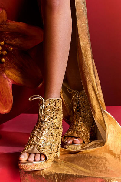Gold mirror-cutdana embellished heels