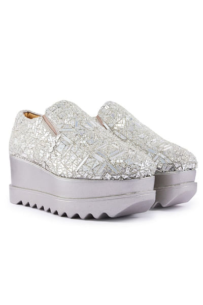 Silver mirror embellished wedge sneakers